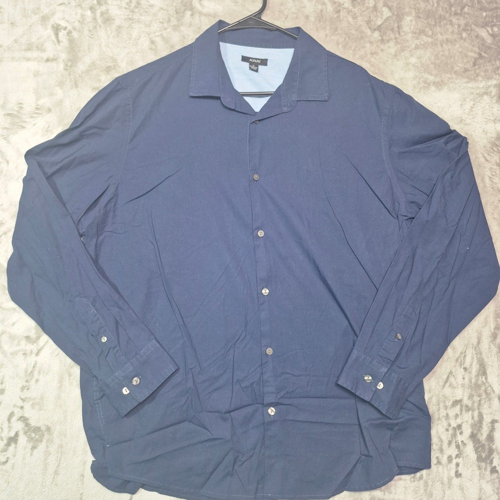 Alfani Mens XL Navy Blue Long Sleeve Button Down Cotton Stretch Shirt